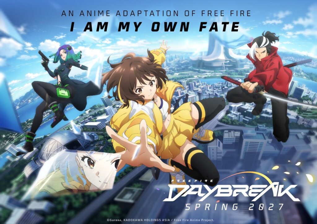Imagen oficial del anime Free Fire: Daybreak con Kelly, Hayato y Moco
